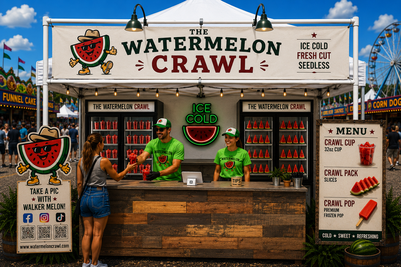 The Watermelon Crawl booth at a busy summer fair