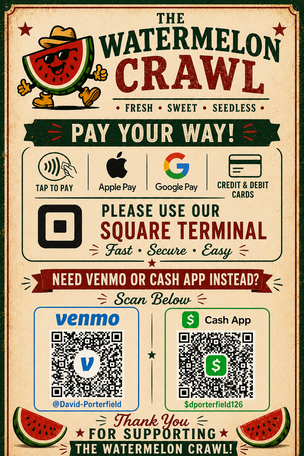 Watermelon Crawl payment options sign